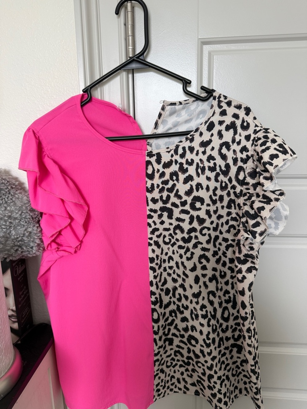 Two-Tone Pink & Leopard Ruffle Sleeve Blouse